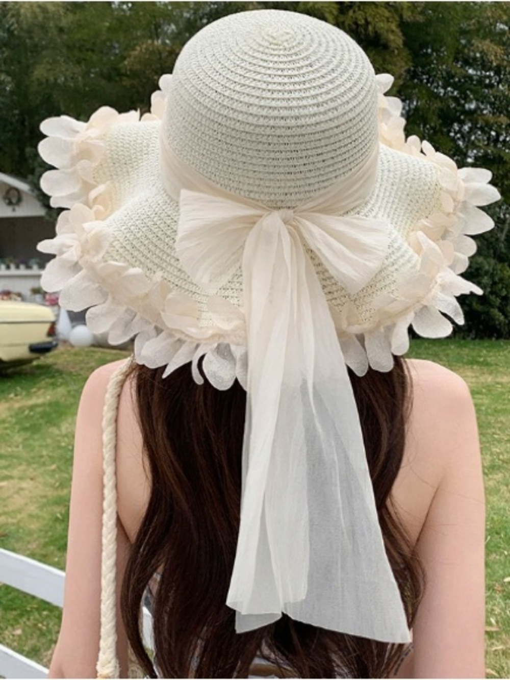 Women's Cream Floral Trim Sun Hat with Bow
